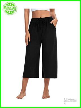Womens Capri Yoga Pants Wide Leg Drawstring Lounge Pockets Loose Workout